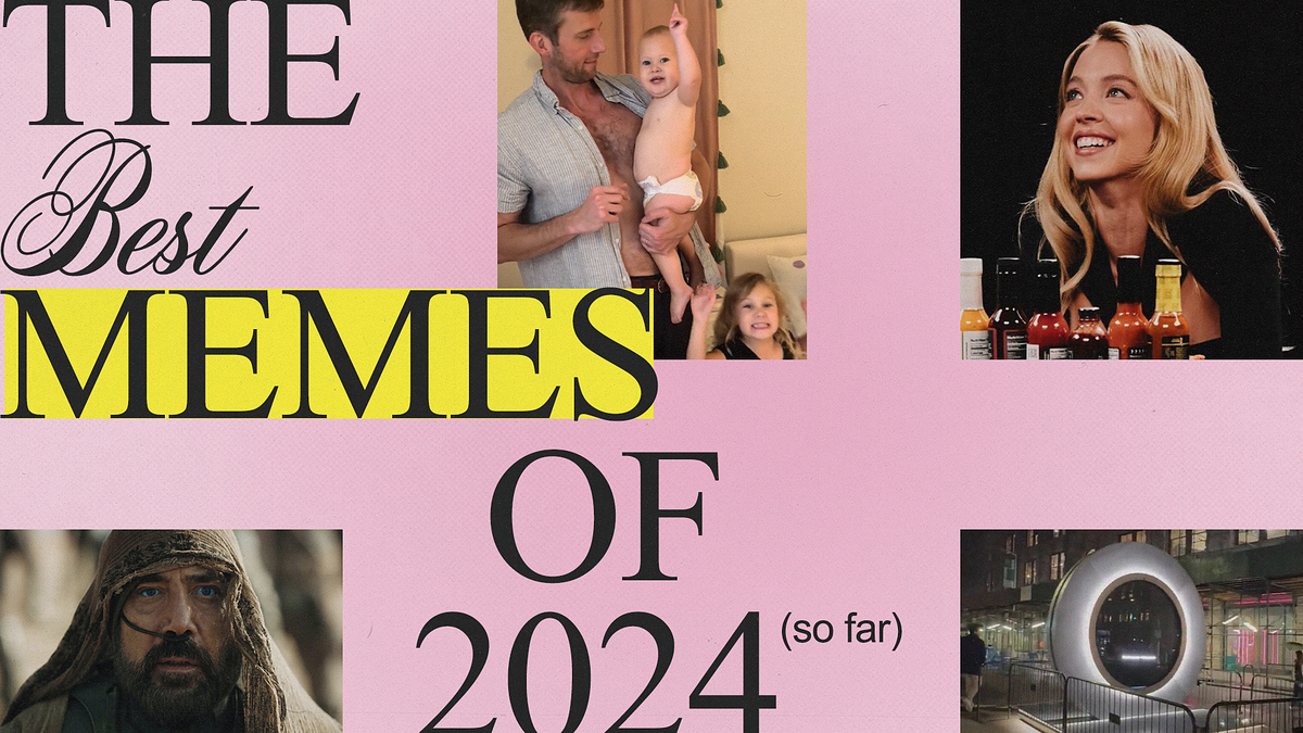 "Collage reading 'The Best Memes of 2024 (so far)' with photos of Henry Cavill, famous meme, Emma D'Arcy with hot sauces, Pedro Pascal, and a large donut causing city traffic."