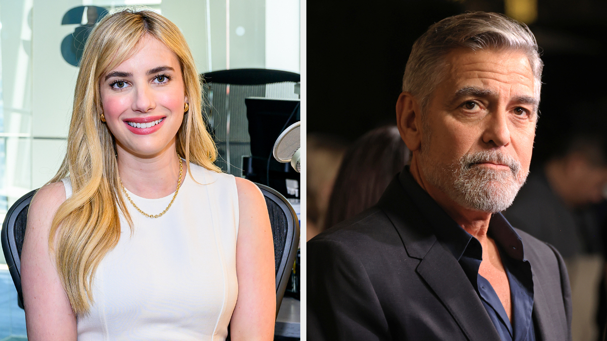 Emma Roberts and George Clooney at separate events, with Emma wearing a sleeveless top and George in a dark blazer