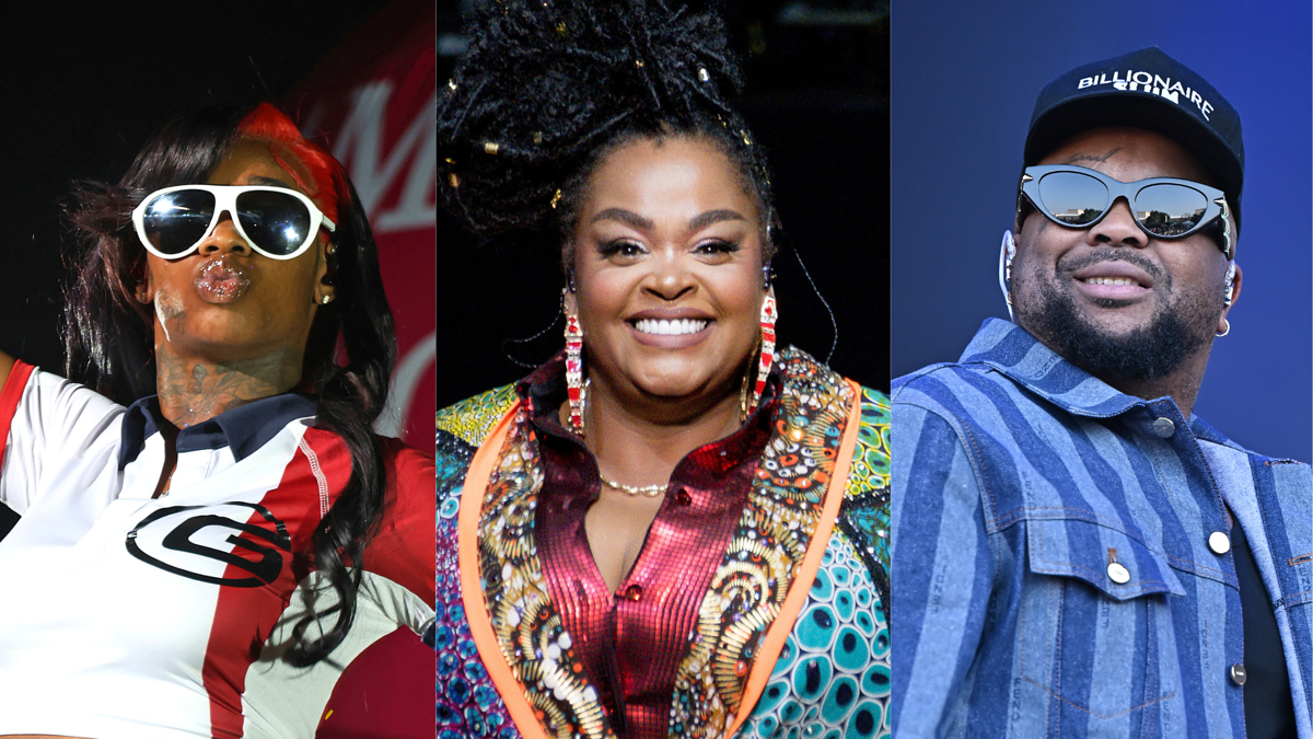 From left to right: Summer Walker in a sporty outfit with sunglasses, Jill Scott in vibrant patterned clothing, Jermaine Dupri in a striped shirt and hat