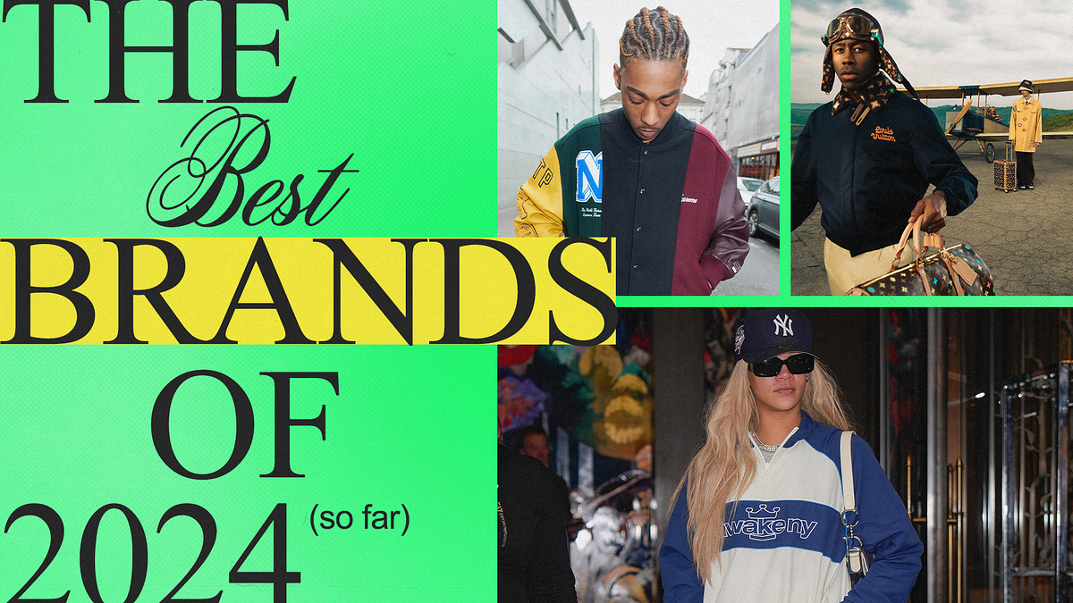 Collage with "The Best Brands of 2024" text, three individuals in fashionable streetwear including hoodies, varsity jackets, and a puffer coat
