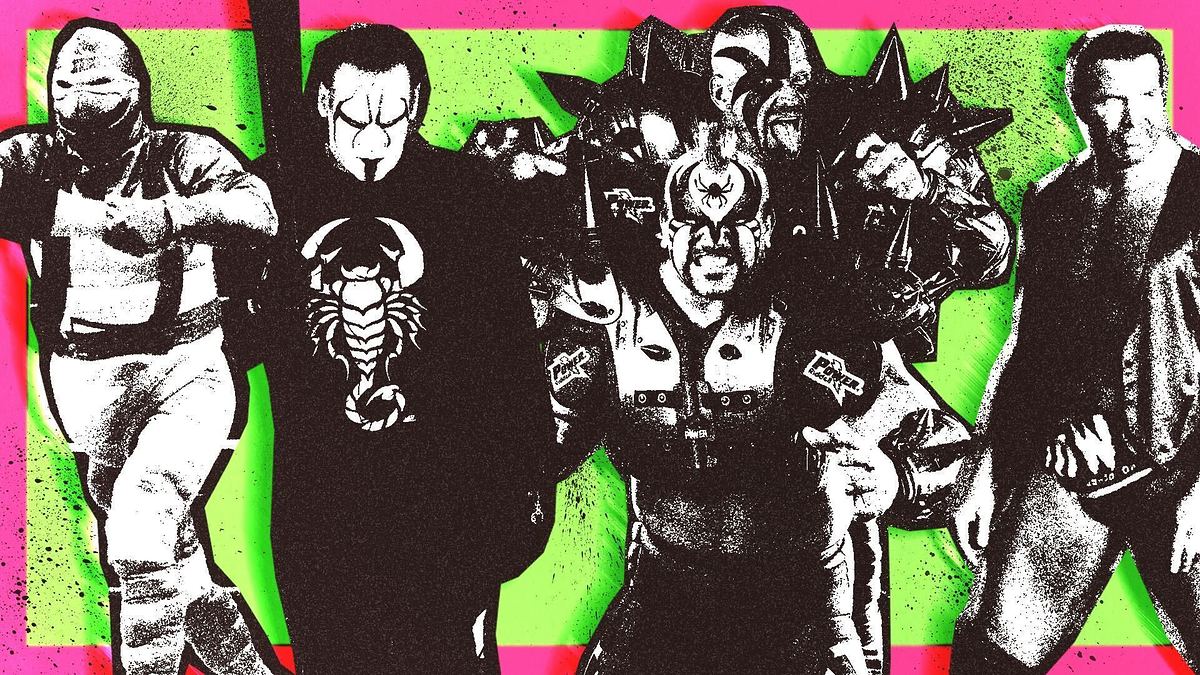 Wrestlers Rey Mysterio, Sting, Pentagon Jr., Road Warrior Animal, and Goldberg in their iconic costumes, posing together in an artistically-rendered image