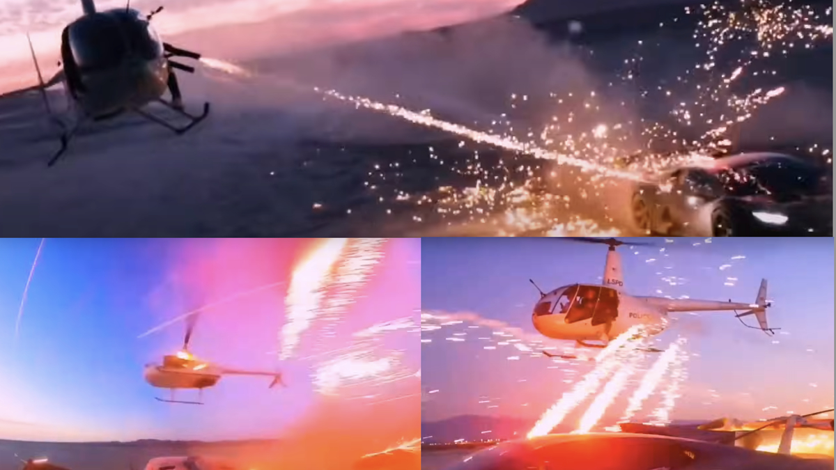 A helicopter and car engage in a high-speed chase with fireworks in the desert during sunset, evoking an action-packed scene
