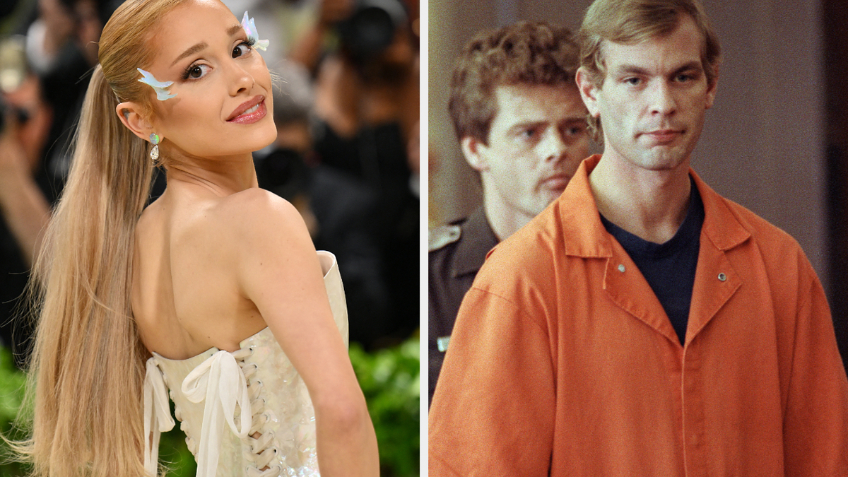 Ariana Grande in an elegant, strapless dress with long hair and white hair decorations on the left; an actor portraying Jeffrey Dahmer in an orange prison jumpsuit on the right