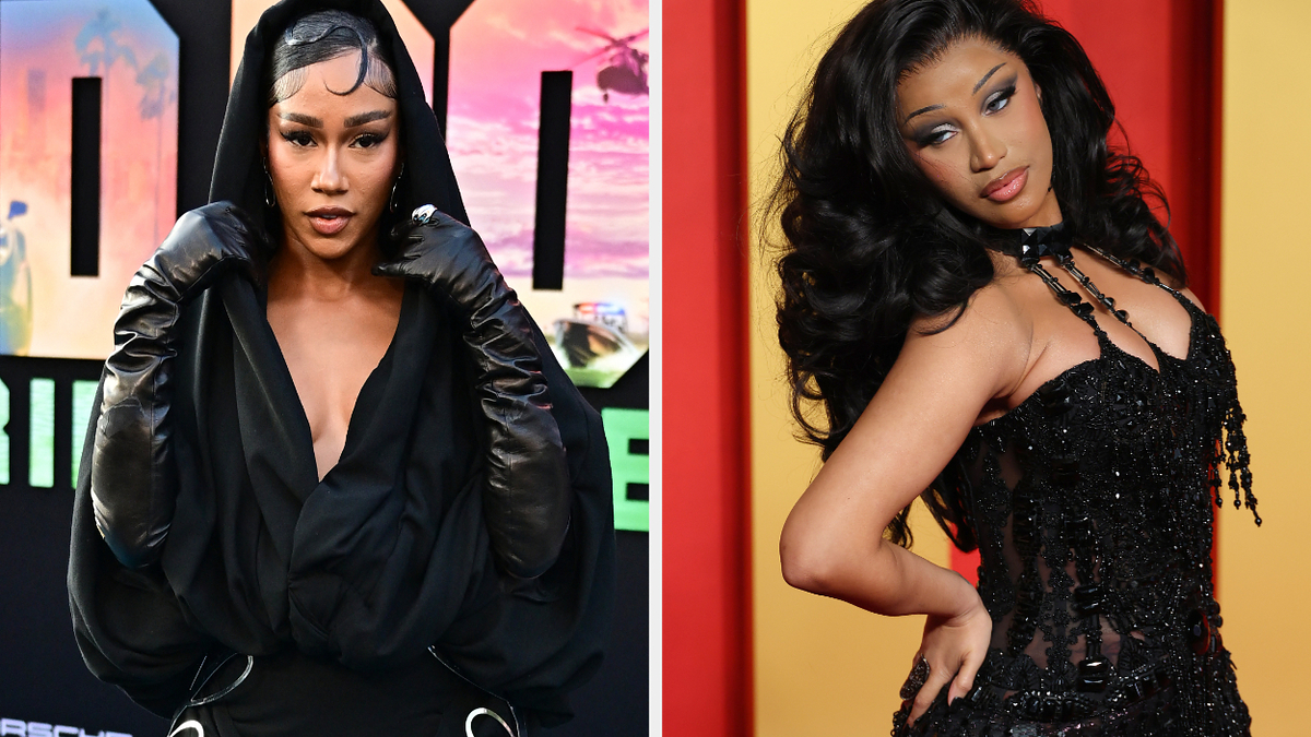 Left: Teyana Taylor in a black hooded outfit with leather gloves at an event. Right: Teyana Taylor in a form-fitting black dress on the red carpet