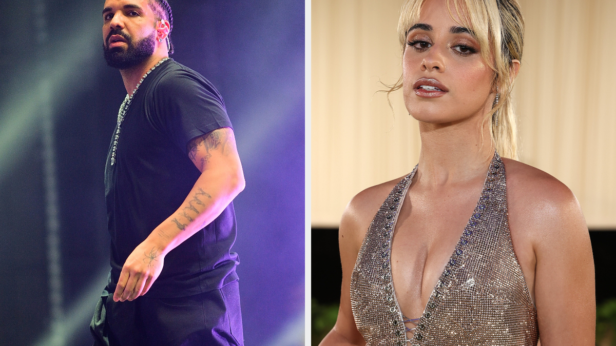 Drake performing on stage; Camila Cabello posing in a sparkly, plunging dress