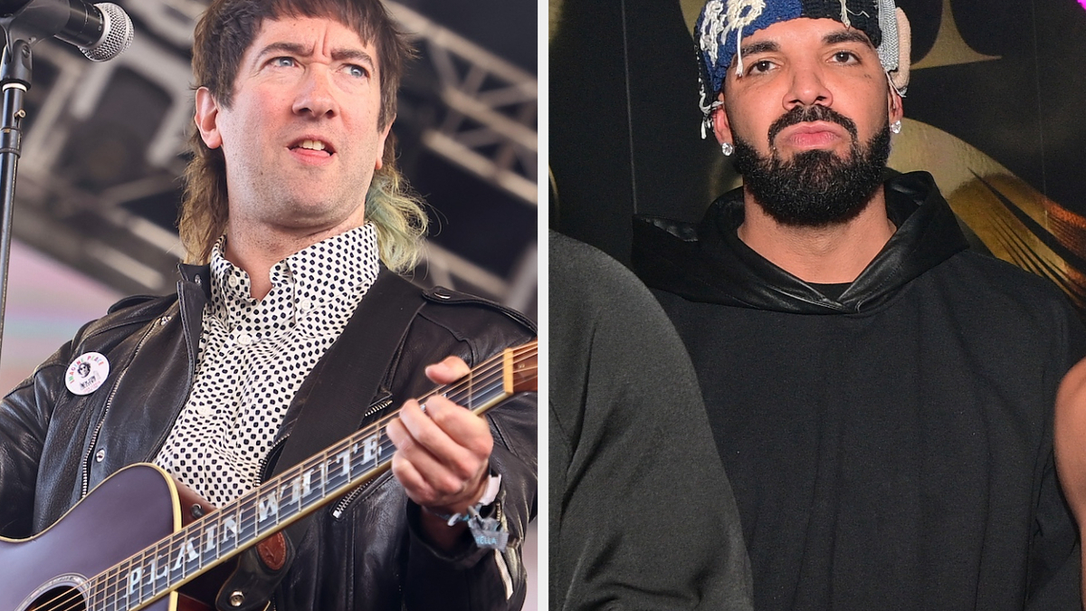 Left: Musician playing guitar in a spotted shirt and leather jacket. Right: Drake in a black hoodie and patched beanie, posing at an event