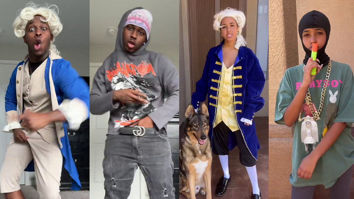 Four individuals dressed in various costumes performing and posing; no celebrity names provided. The third person is with a German Shepherd