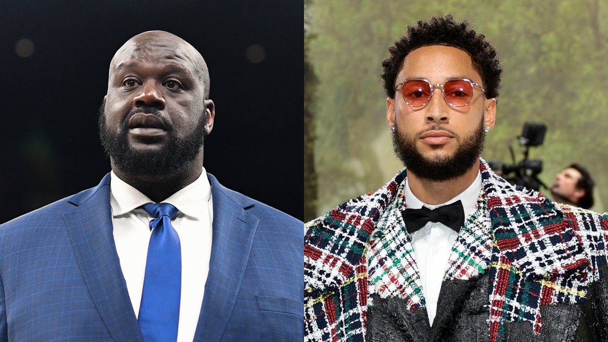 Shaquille O'Neal in a suit and blue tie next to Ben Simmons in a patterned suit and bow tie