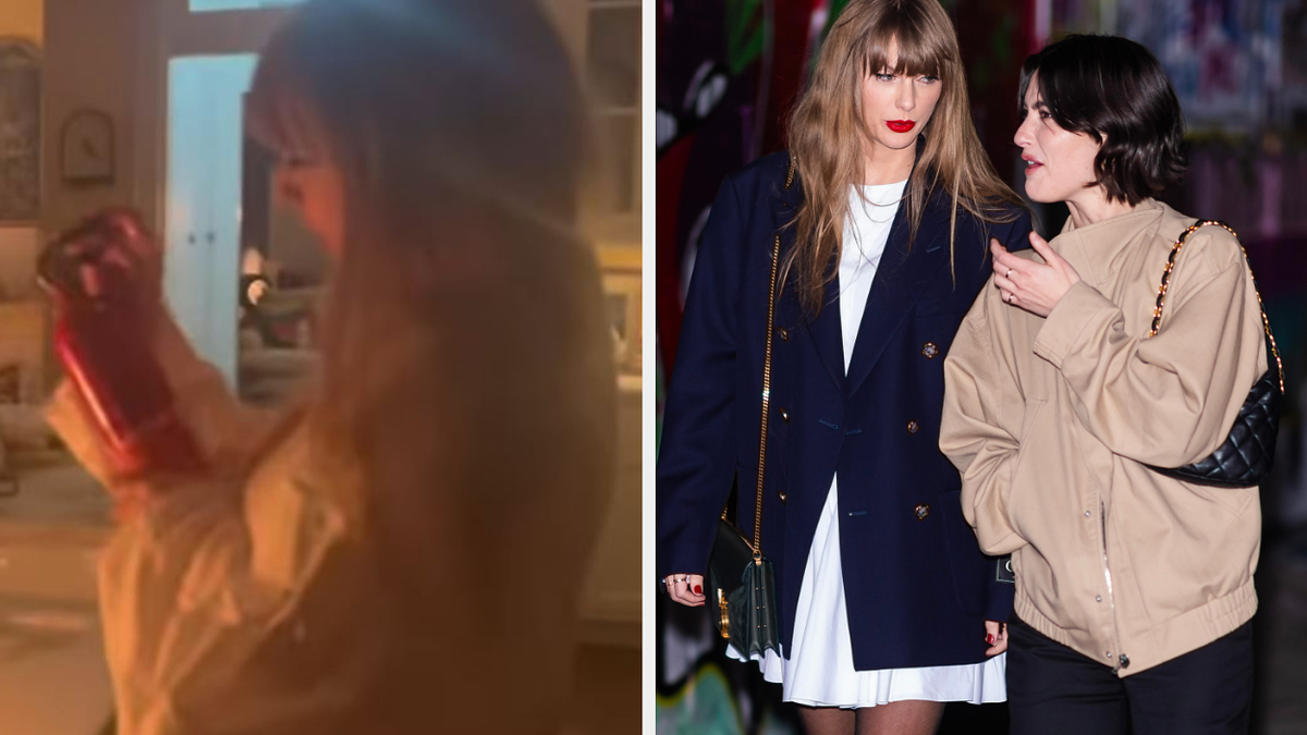 (Left) Taylor Swift holds a red object in a kitchen. (Right) Taylor Swift in white dress and blazer walks with Phoebe Bridgers in a white top and beige jacket