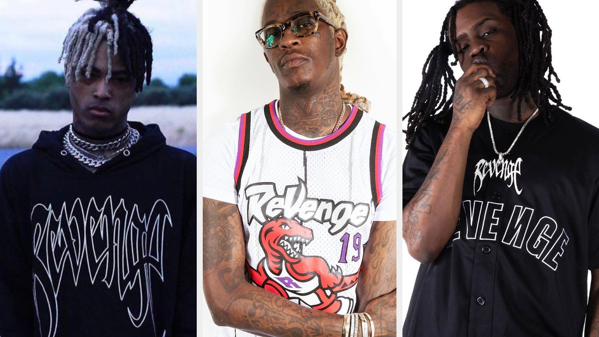 XXXTentacion, Young Thug, and Chief Keef, each wearing streetwear with the brand "Revenge" displayed, posing separately against neutral backgrounds