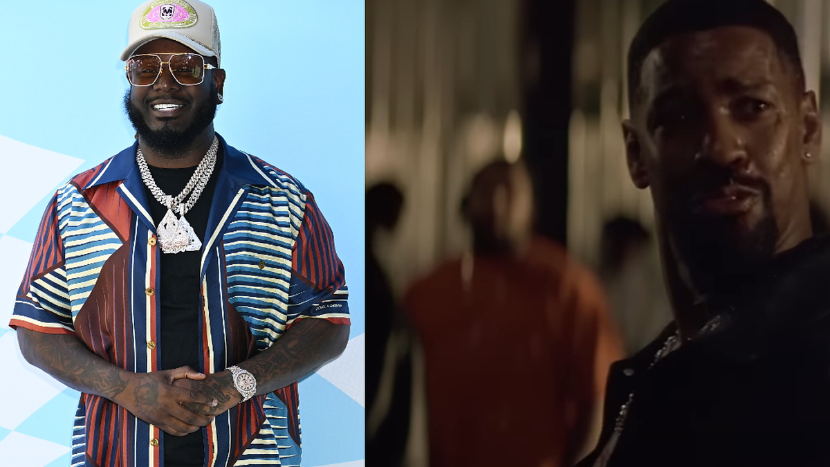 T-Pain in a patterned shirt and cap with layered chains on the left. Denzel in a dark shirt looking puzzled on the right
