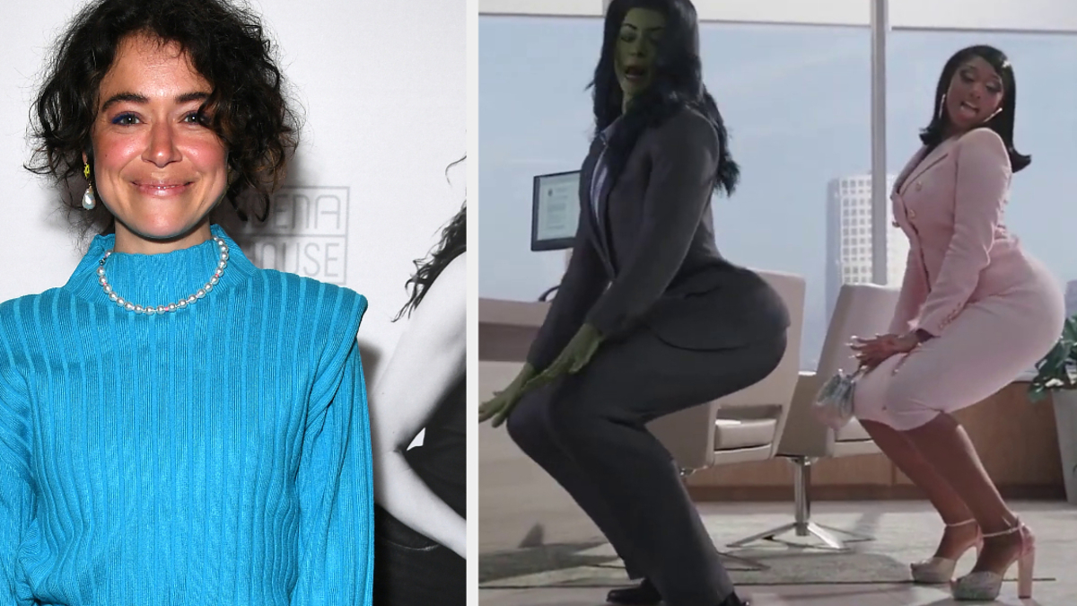 Tatiana Maslany in a blue dress on the left; She-Hulk and Megan Thee Stallion twerking in office attire on the right