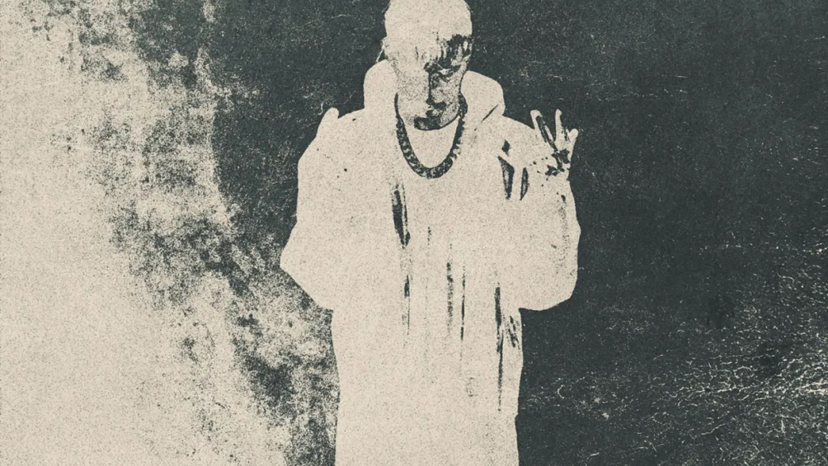 Negative-style image of a figure with hand signs, wearing heavy clothing and a necklace; contains a parental advisory label