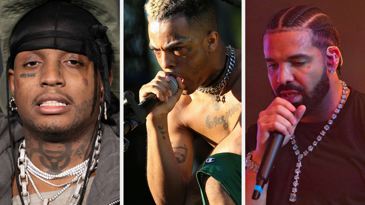 Sad Frosty, XXXTentacion, and Drake performing on stage in separate photos