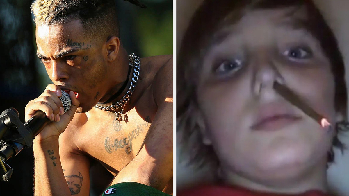 XXXTentacion performing shirtless on the left, young boy with a lit cigarette in his nostril on the right