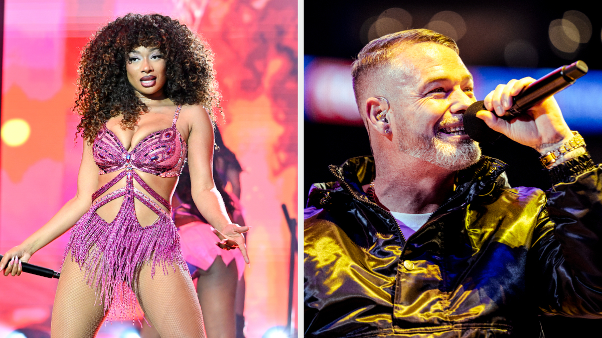 Megan Thee Stallion performs in a shimmering outfit. Fred Durst sings into a microphone, wearing a shiny jacket