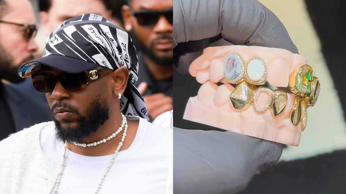 Kendrick Lamar wearing sunglasses, printed headscarf, and pearl necklace. Right: Close-up of dental jewelry in a gloved hand