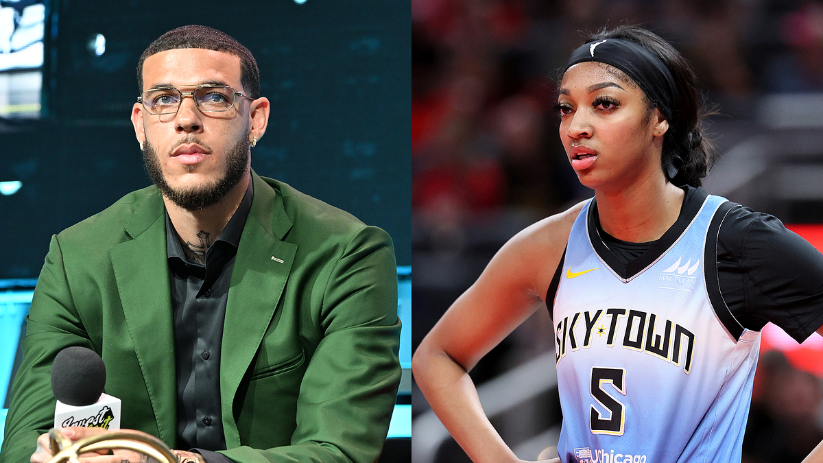 Lonzo Ball at a press conference wearing a green jacket; Diamond DeShields on the basketball court in her Chicago Sky uniform