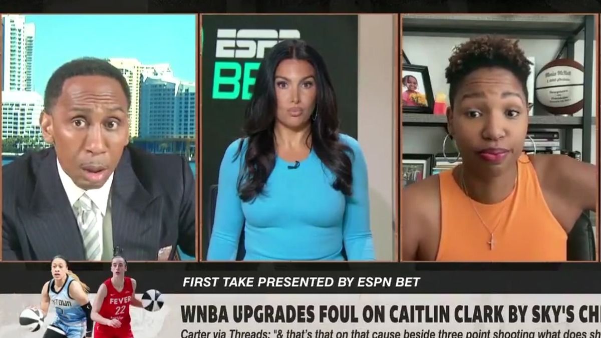 Stephen A. Smith, Molly Qerim, and Monica McNutt discuss a WNBA foul on Caitlin Clark. Text below reads: "WNBA upgrades foul on Caitlin Clark by Sky's Cheyenne Parker."