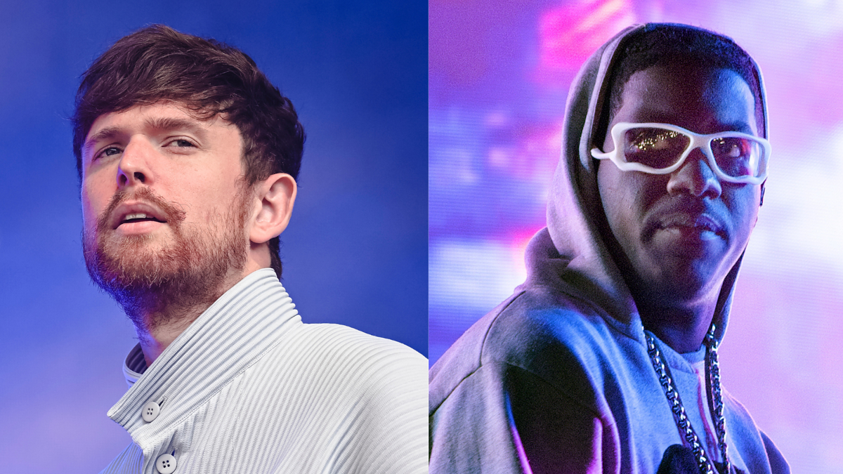 James Blake in a textured high-collar shirt, next to Lil Yachty wearing a hoodie, white-framed glasses, and a chain
