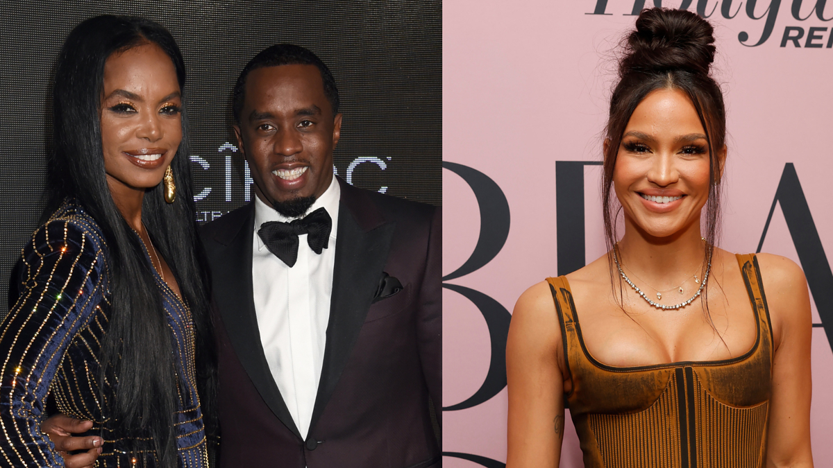 Kim Porter in a glittery outfit with Sean Combs in a tuxedo on the left; Cassie Ventura in a sleek dress on the right
