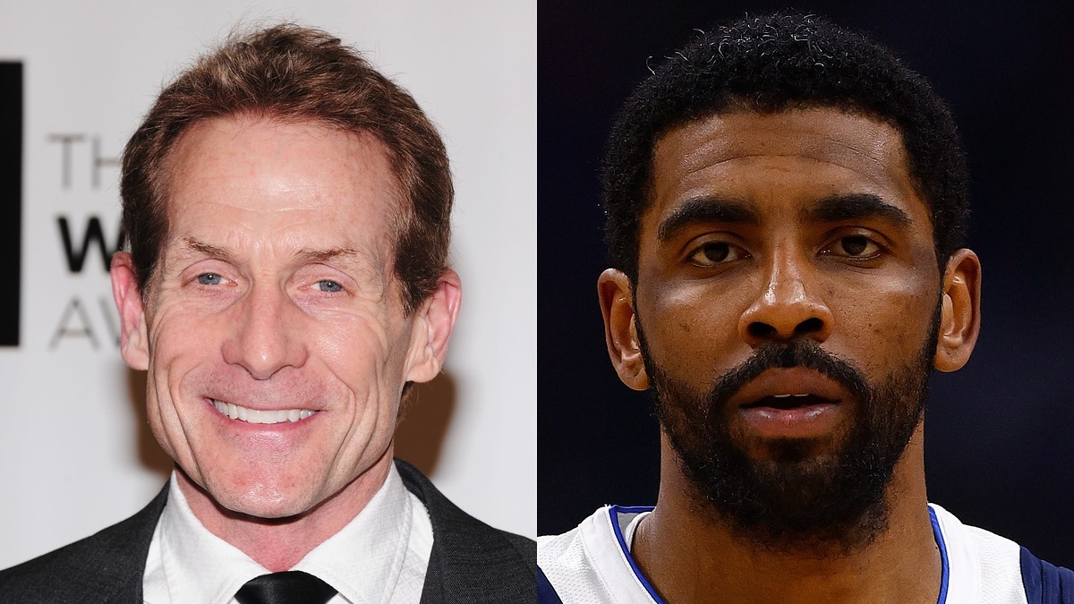 Skip Bayless, wearing a suit and tie, smiles on the left; Kyrie Irving, in a sports jersey, looks serious on the right