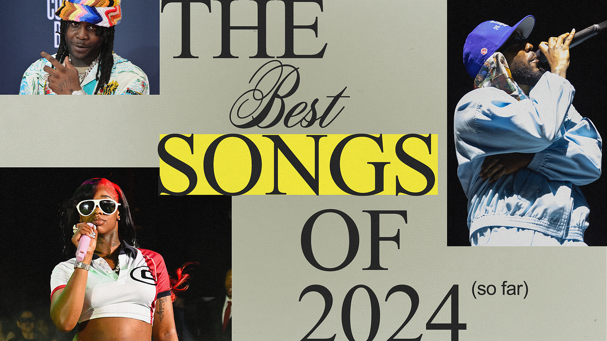 Collage of musicians Ice Spice, Cardi B, and Travis Scott with the text "The Best Songs of 2024 (so far)."