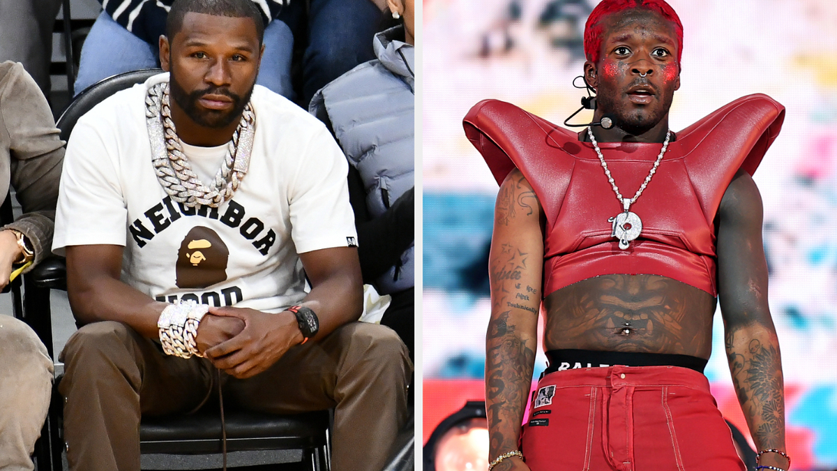 Floyd Mayweather Jr. sits courtside in casual attire while Lil Uzi Vert performs on stage wearing a futuristic, armored crop top