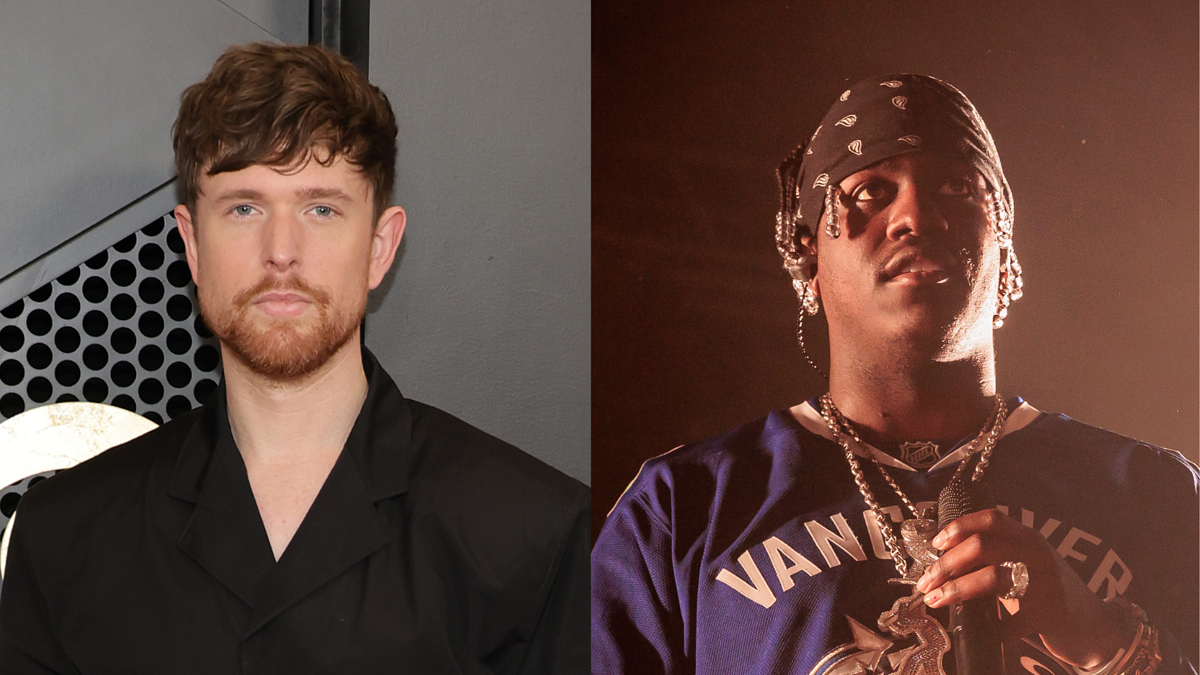 James Blake, wearing a black jacket, stands next to Lil Yachty, dressed in a bandana and a Vancouver Canucks jersey with layered chains