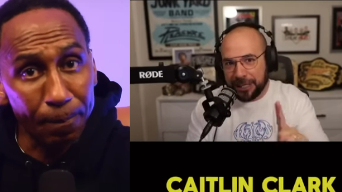 Stephen A. Smith in a black hoodie and an unnamed podcast host in a white shirt speaking into a microphone. Text reads "Caitlin Clark."