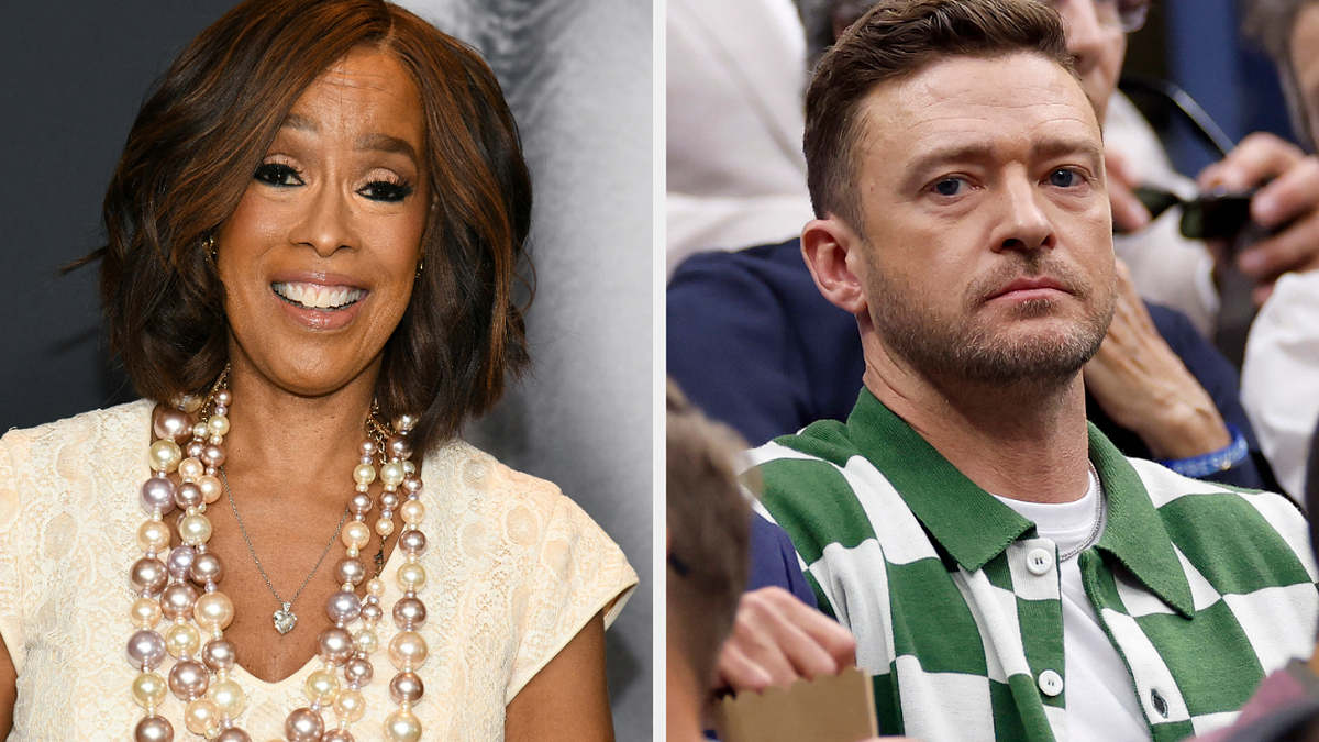 Gayle King is wearing a short-sleeve dress with a large pearl necklace. Justin Timberlake is wearing a green and white striped polo shirt