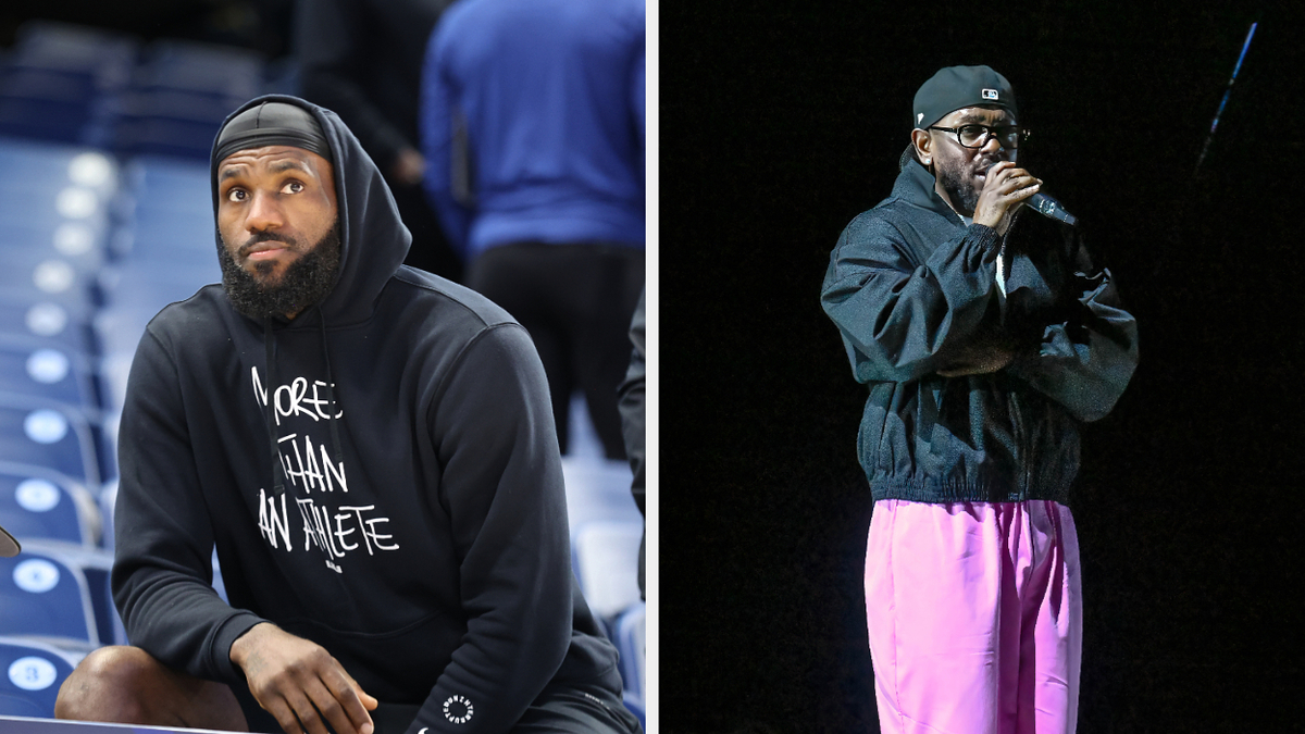 LeBron James sitting courtside in a black hoodie; Kendrick Lamar performing on stage wearing a black jacket and pink pants