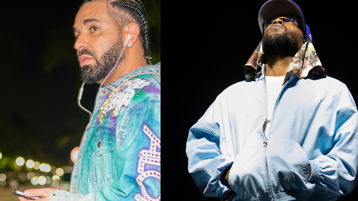 Split image of two male artists wearing earphones, one in a denim jacket, the other in a blue hoodie, both looking aside