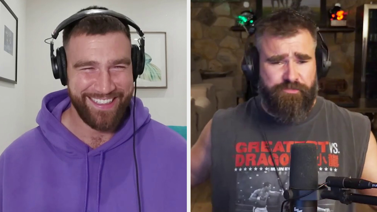 Travis Kelce wearing a hoodie and laughing, next to Jason Kelce in a sleeveless t-shirt looking serious during a video call