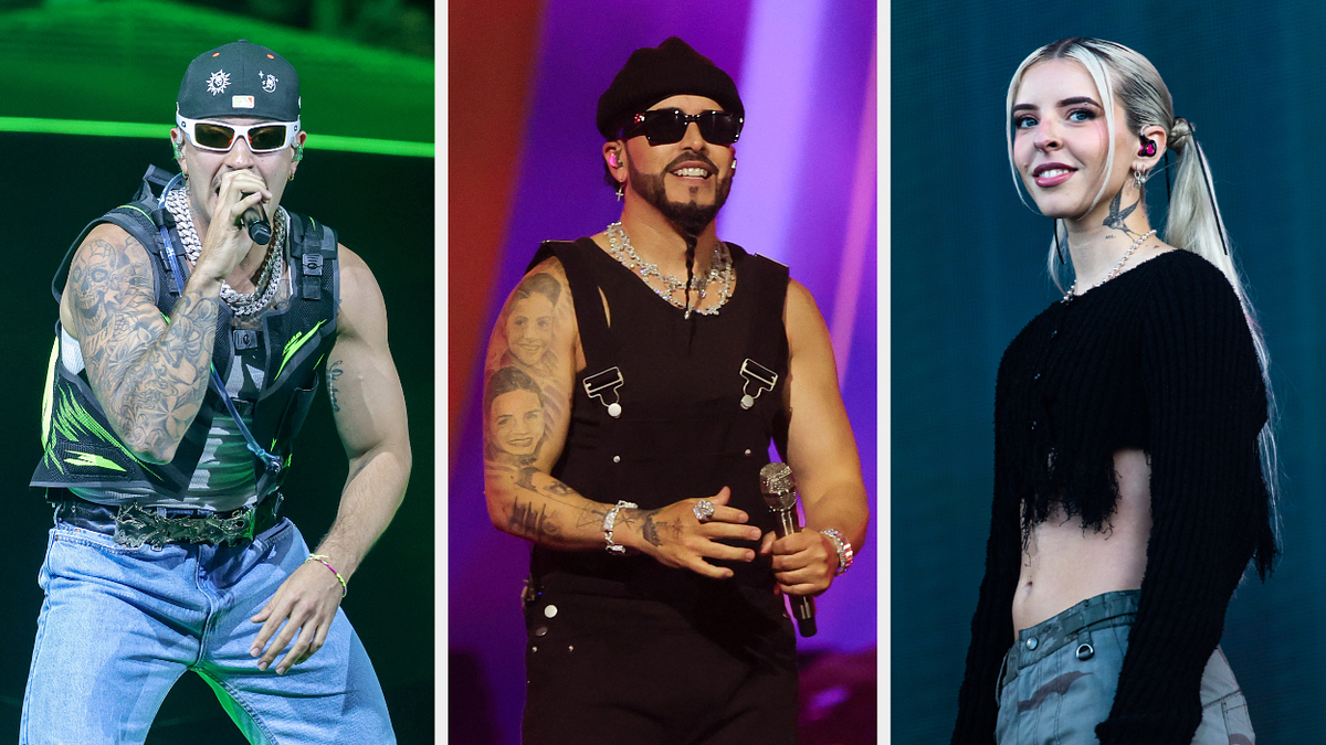 Feid performs in a sleeveless shirt and jeans, Yandel sings in a black outfit and beret, and Young Miko poses in a black crop top and grey pants
