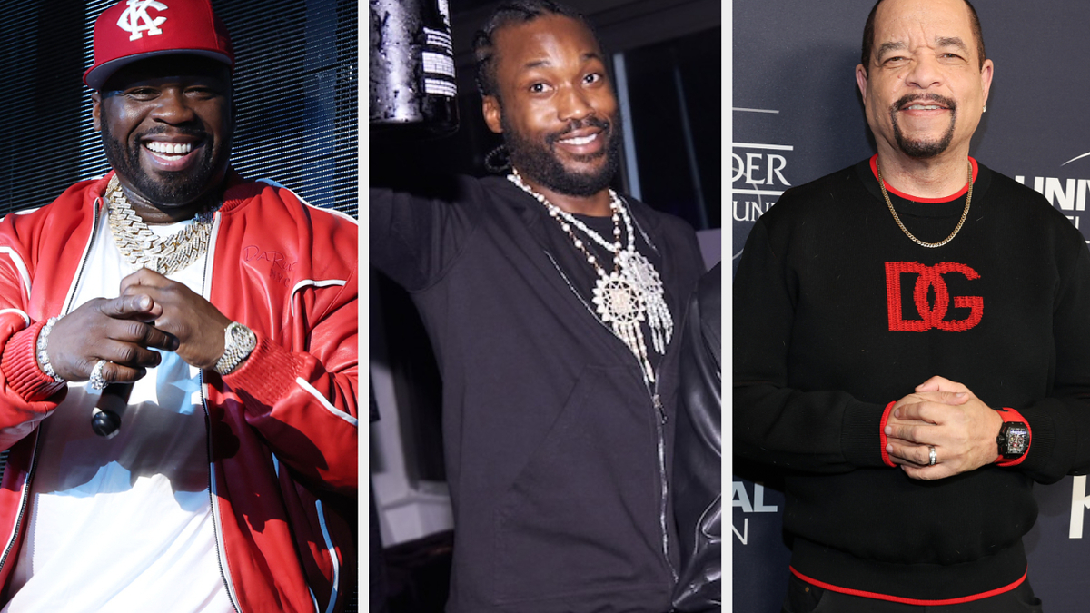 50 Cent in a red jacket, Meek Mill in a black outfit, and Ice-T in a black and red sweater, all smiling at an event