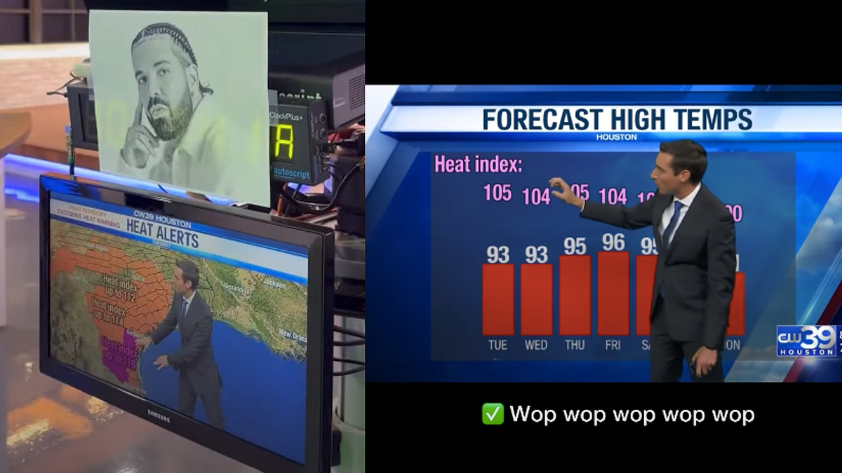 Drake's image appears above a heat warning map. A news anchor forecasts high temperatures in Houston for the week, showing heat indices from 93 to 105 degrees