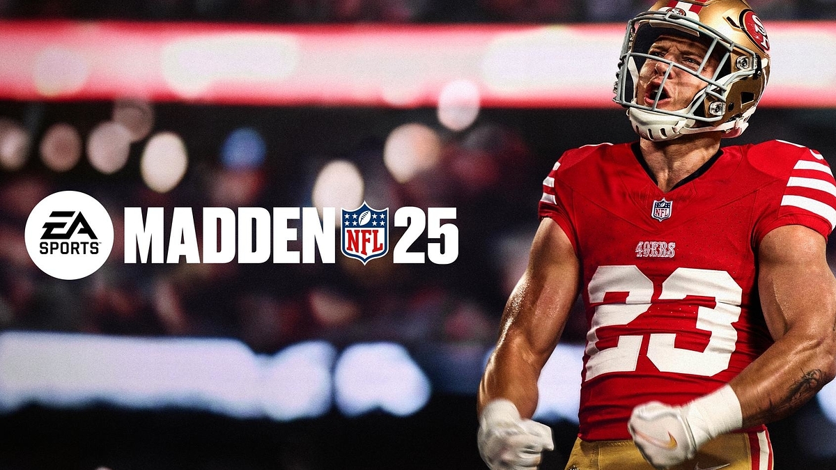 A muscular football player wearing a 49ers jersey with number 23 celebrates. "EA Sports Madden NFL 25" text and logos are displayed prominently