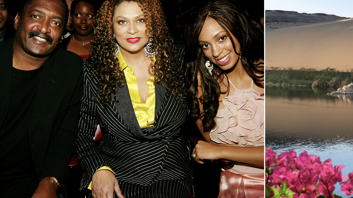 Mathew Knowles, Tina Knowles, and Solange Knowles pose at an event. The image's right side features a scenic view of a river, a sand dune, and flowers