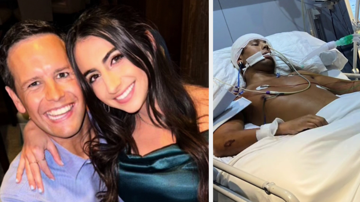 Couple smiling in a close embrace; split image with hospitalized man on the right, with medical tubes and monitors