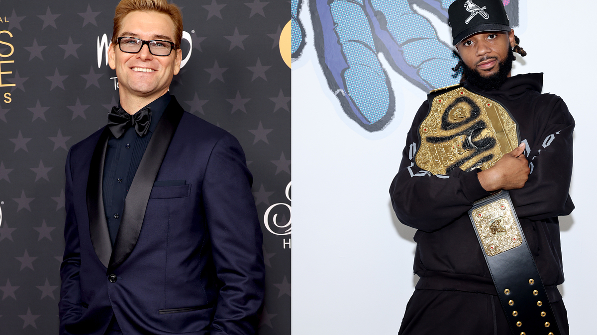 Antony Starr in a tuxedo at an awards event, Metro holding a championship belt and wearing casual clothing