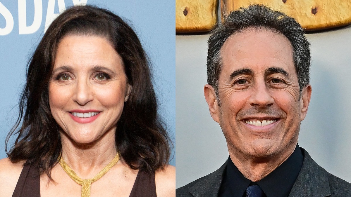 Julia Louis-Dreyfus and Jerry Seinfeld are smiling in separate portrait shots. Julia wears a sleeveless dress with a gold necklace. Jerry wears a dark suit and tie