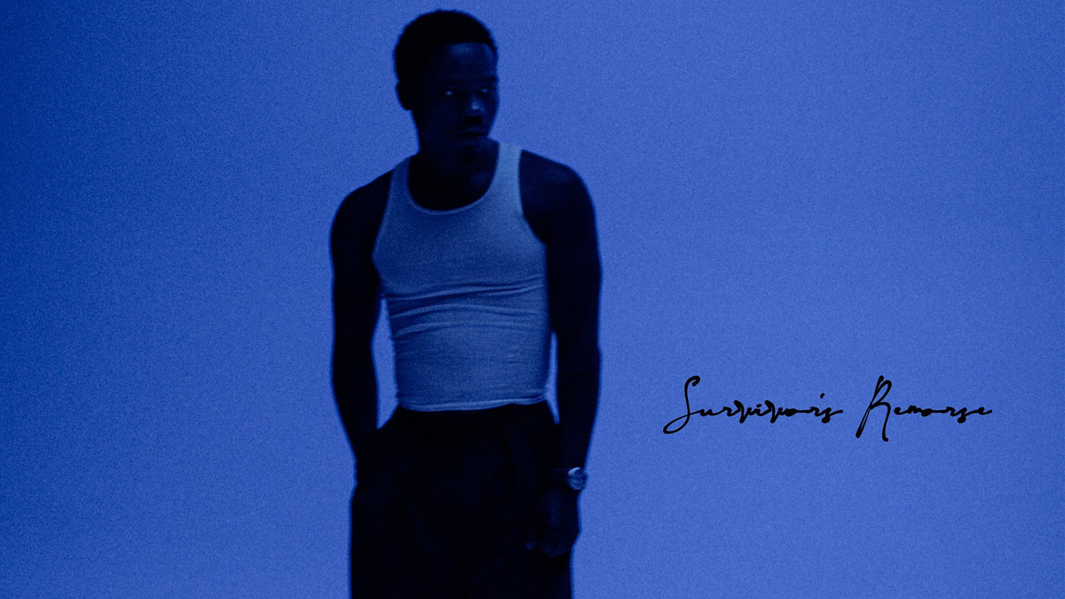 A person in a sleeveless top and pants stands against a blue background. The text reads "Survivor's Remorse."