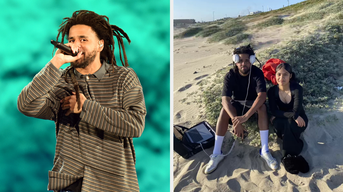 J. Cole performing on stage; two musicians with a guitar sitting on a sandy hill