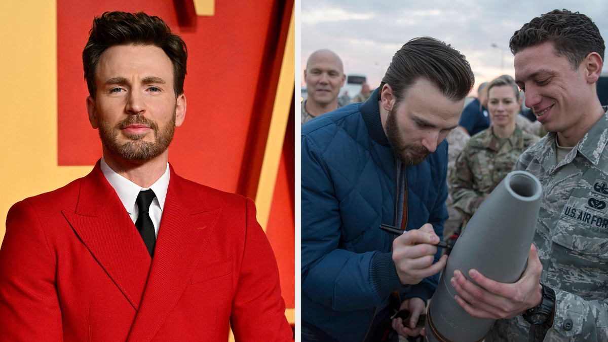On the left, Chris Evans in a red suit at a formal event. On the right, Chris Evans signs an inert object missile surrounded by U.S. Air Force members