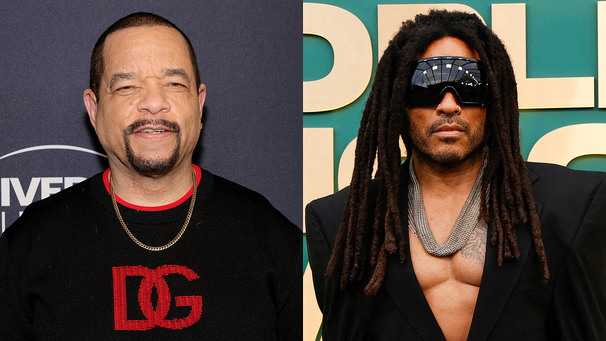 From left to right: Ice-T in a black sweater with a red logo, and Lenny Kravitz wearing a black blazer with a deep V-neck and large sunglasses