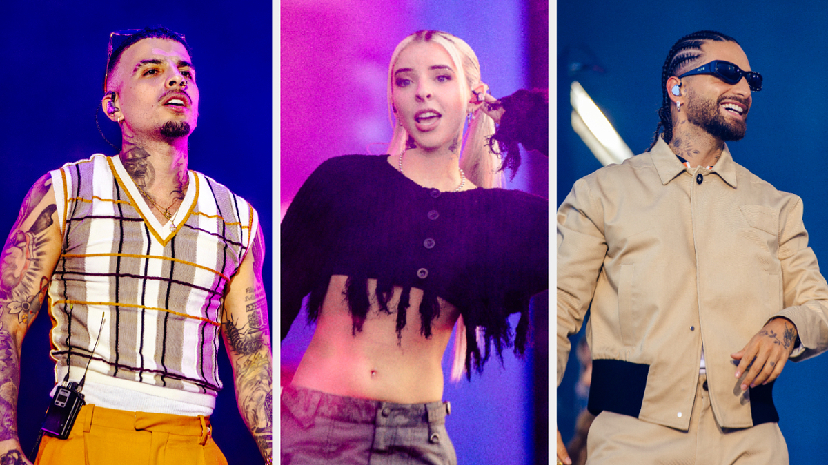 From left to right: Rauw Alejandro in a sleeveless plaid shirt, Young Miko in a cropped, torn-sleeve top, and Maluma in a beige outfit performing on stage