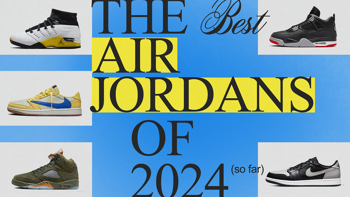 The image displays the text "The Best Air Jordans of 2024 (so far)" with five different sneakers surrounding the text