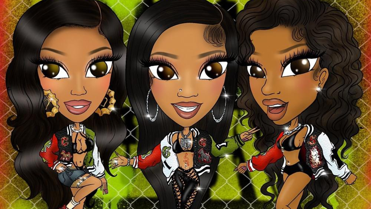 Animated characters Quavo, Saweetie, and Cardi B are depicted in stylish streetwear, featuring jackets and crop tops, striking dynamic poses against a vibrant background