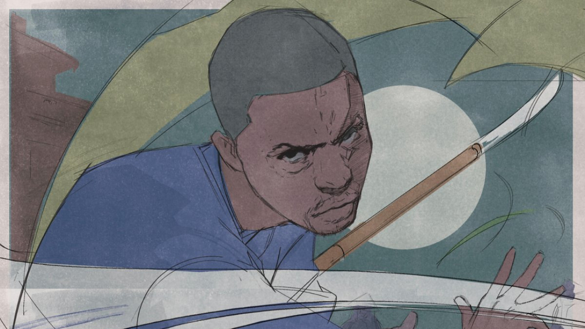 Illustrated man with intense expression holding a scythe under a full moon